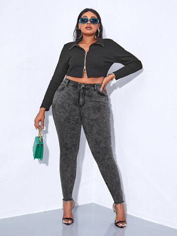 Woochic Pantalon grande taille à bords bruts denim stretch pantalon crayon